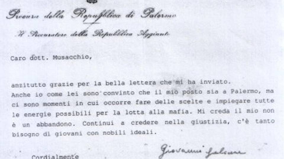 Lettera Falcone, il mio non è abbandono Lettera Falcone, il mio non è abbandono